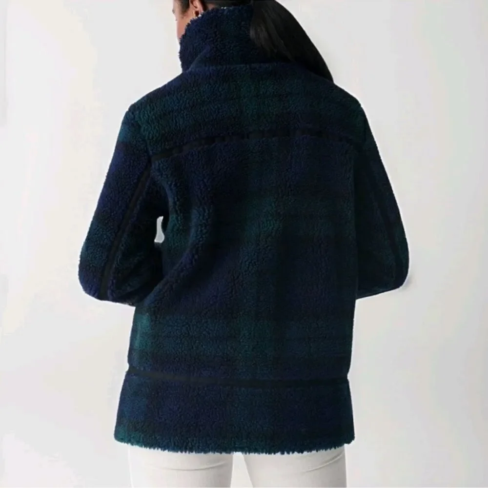 FAHERTY Montana Faux Shearling Plaid Asymmetric Zip Moto Coat Blue Sherpa Medium